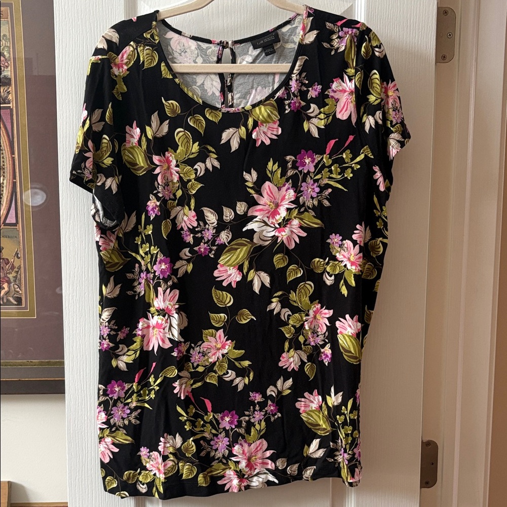 J. Jill Black Floral Blouse with Pink and Green Accents